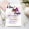 “Book themed bridal shower invitation with storybook-inspired layout, floral accents, and ‘A New Chapter Begins’ text—editable Canva template.”