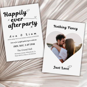 Minimalist photo wedding invitation titled “Nothing Fancy Just Love,” ideal for elopements and intimate wedding announcements, editable in Canva with personalized text.