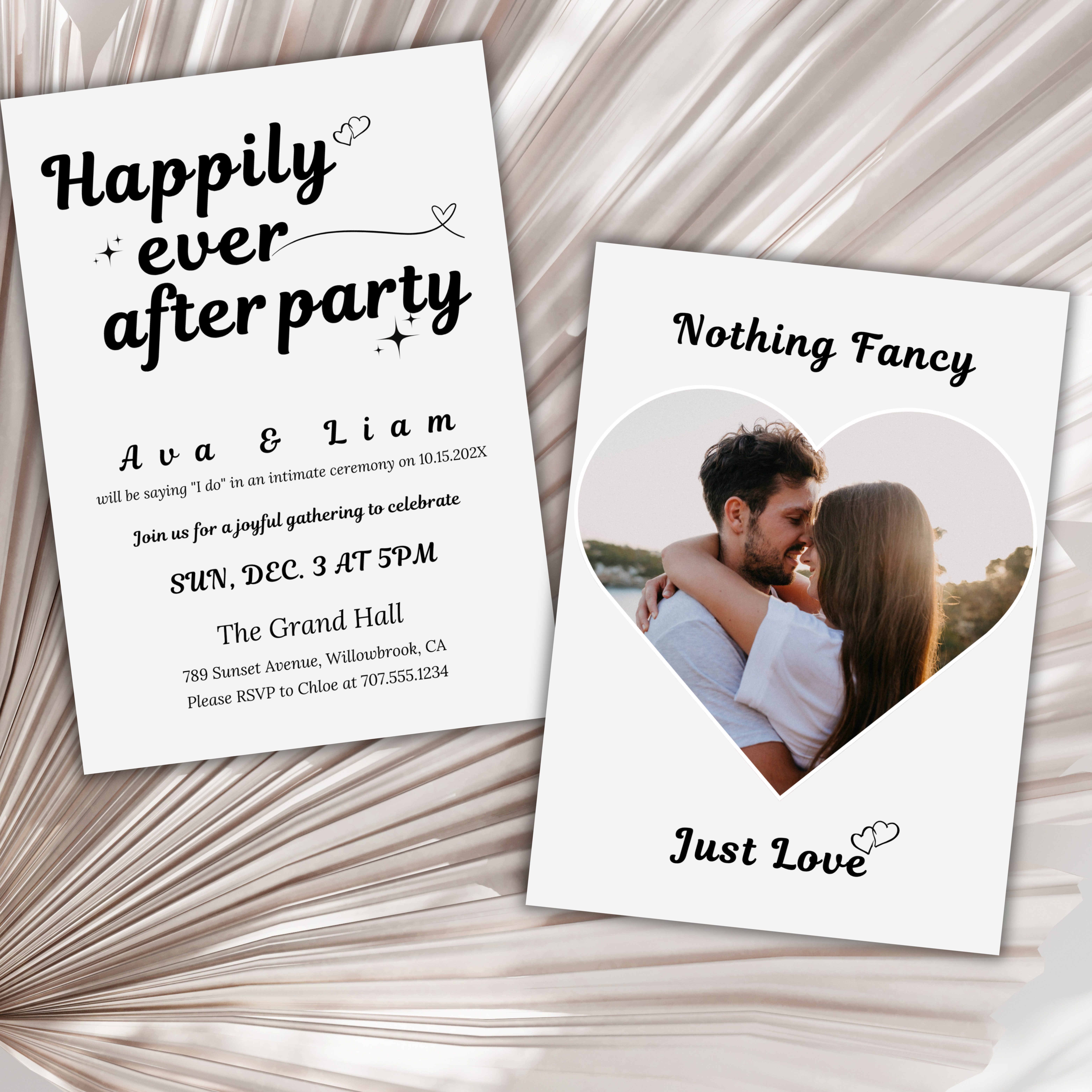 Minimalist photo wedding invitation titled “Nothing Fancy Just Love,” ideal for elopements and intimate wedding announcements, editable in Canva with personalized text.