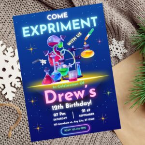 DIY birthday invitation with science theme, featuring lab equipment and glowing accents.