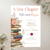 “Book-themed bridal shower invitation featuring elegant typography and storybook design elements, editable Canva template with vintage and literary touches.”