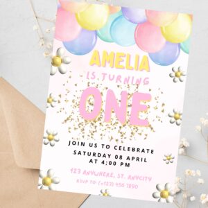 Printable 1st birthday invite for girls with soft rainbow colors and party decor.
