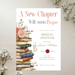 “Book-themed bridal shower invitation featuring elegant typography and storybook design elements, editable Canva template with vintage and literary touches.”