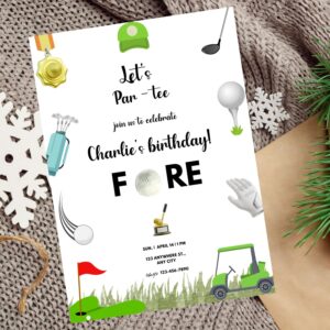 Editable golf-themed birthday invitation with green grass and golf ball graphics.