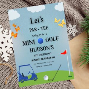 Editable golf-themed birthday invitation with green grass and golf ball graphics.