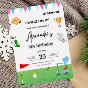Printable “Let’s Par-Tee” party invite featuring golf course elements.