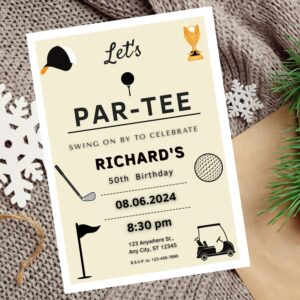 Editable golf-themed birthday invitation with green grass and golf ball graphics.