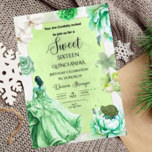 Editable Frog Princess quinceañera invitation with magical fairy tale design.