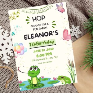 Digital green frog party invitation with playful cartoon design.