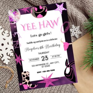 Editable pink cowgirl birthday invitation with western boots and hat.