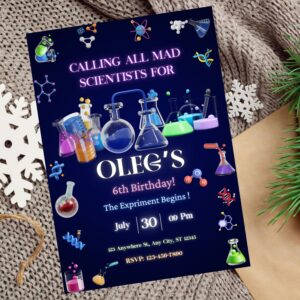 Digital invite template with mad scientist theme, perfect for a kids science celebration.