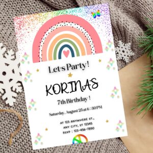 Editable rainbow glitter birthday invitation with colorful sparkle design