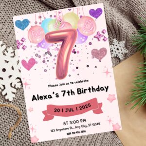 Editable pastel glitter 7th birthday invitation with rainbow sparkles.