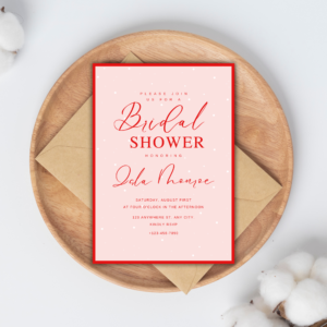 Elegant pink and red bridal shower invitation with snow-like dots, modern script and serif fonts, editable text in Canva for customizable celebration.