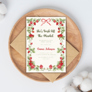 Strawberry Bridal Shower Invitation • She's Fresh Off The Market • Editable Canva Template