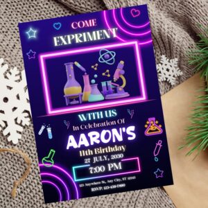 Customizable digital invitation for a hands-on science-themed birthday bash.