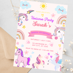 Printable unicorn-themed birthday card for girls with stars and rainbows