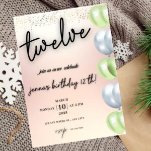 Editable balloon birthday invitation with pastel colors for a girl’s party