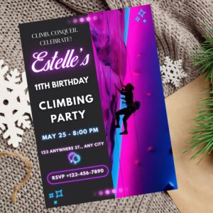 Editable girl rock climbing birthday invitation with bold adventure theme.