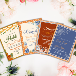 Full Indian wedding invitation set for Haldi, Mehndi, and Sangeet ceremonies.