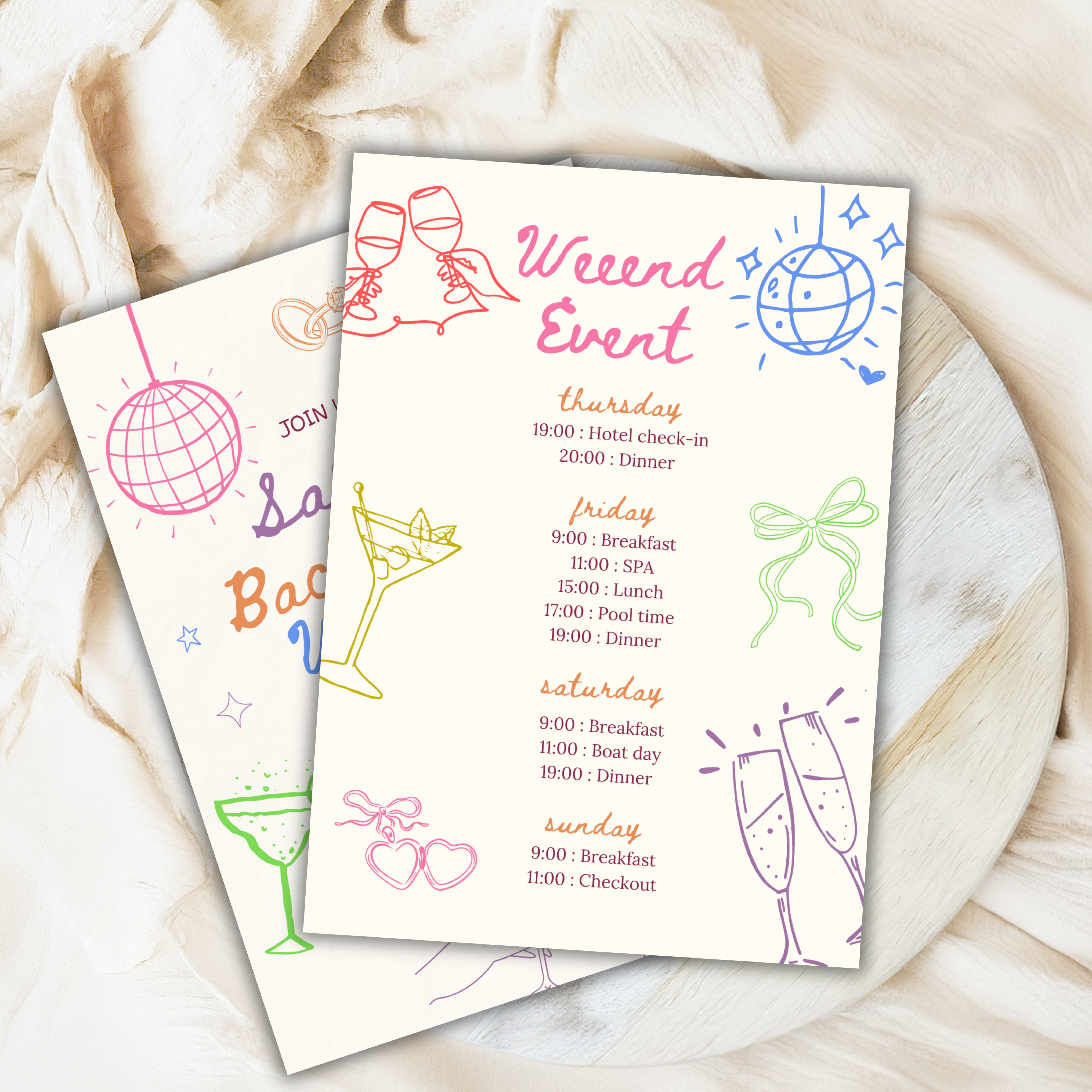 Colorful bachelorette weekend itinerary template with funky doodles and editable event schedule, designed in Canva for hens party planning.