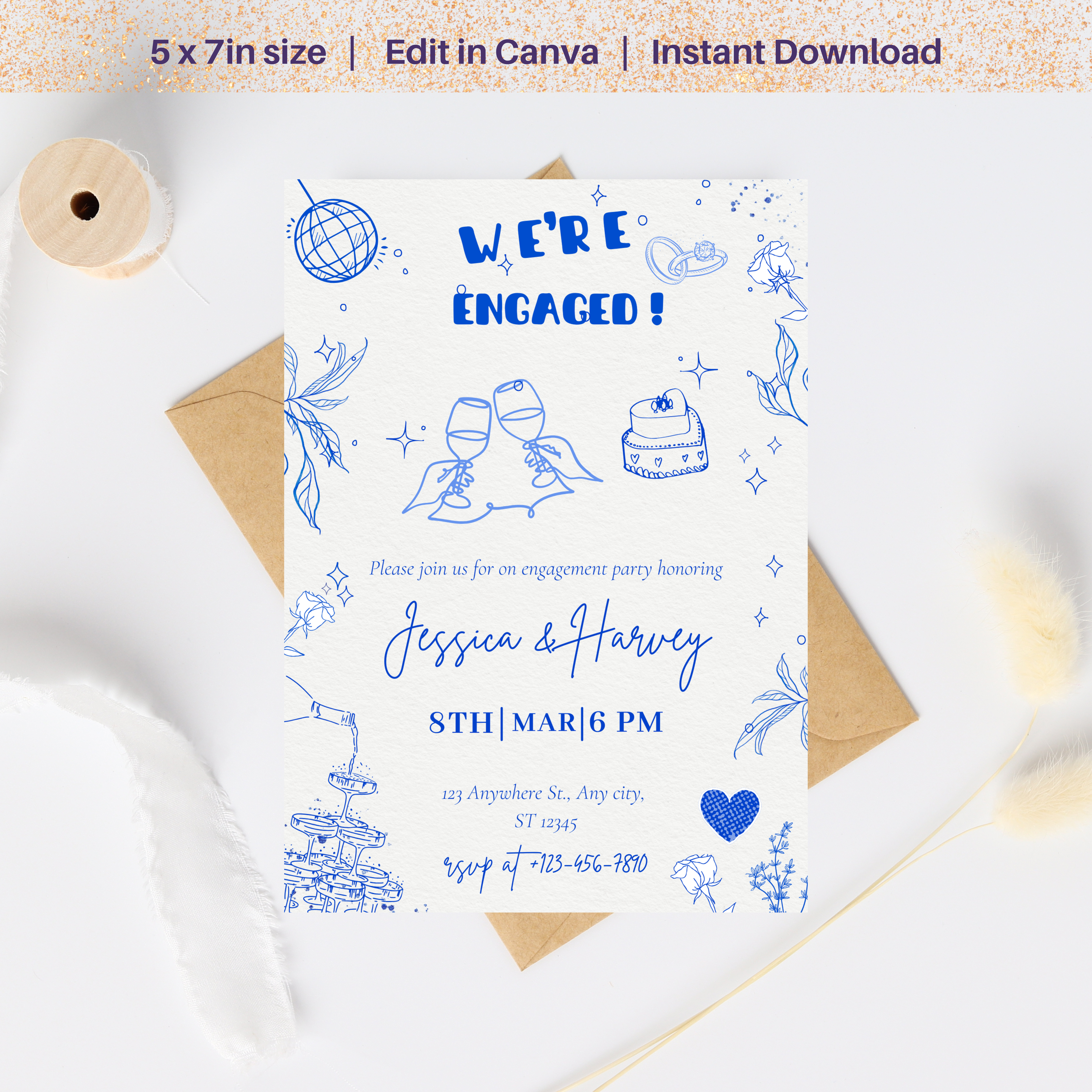 Hand-drawn engagement party invitation template with playful scribble illustrations and editable text in Canva, designed in black and white with modern layout.