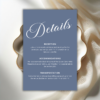 “Dusty blue minimalist wedding invitation suite featuring RSVP card with QR code, editable Canva templates, and elegant floral accents for modern weddings.”