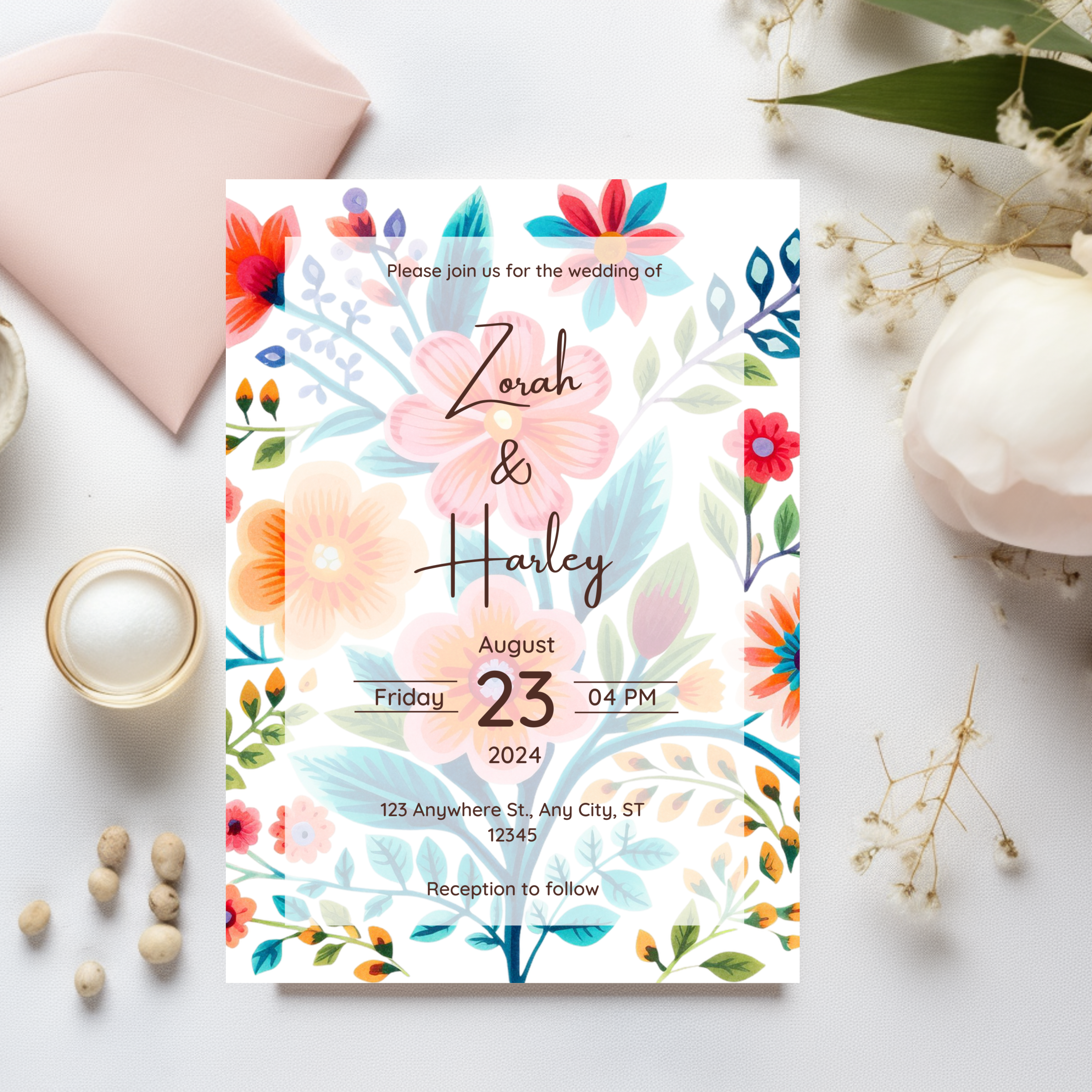Colorful Mexican fiesta floral wedding invitation with wildflowers and bright spring-inspired design