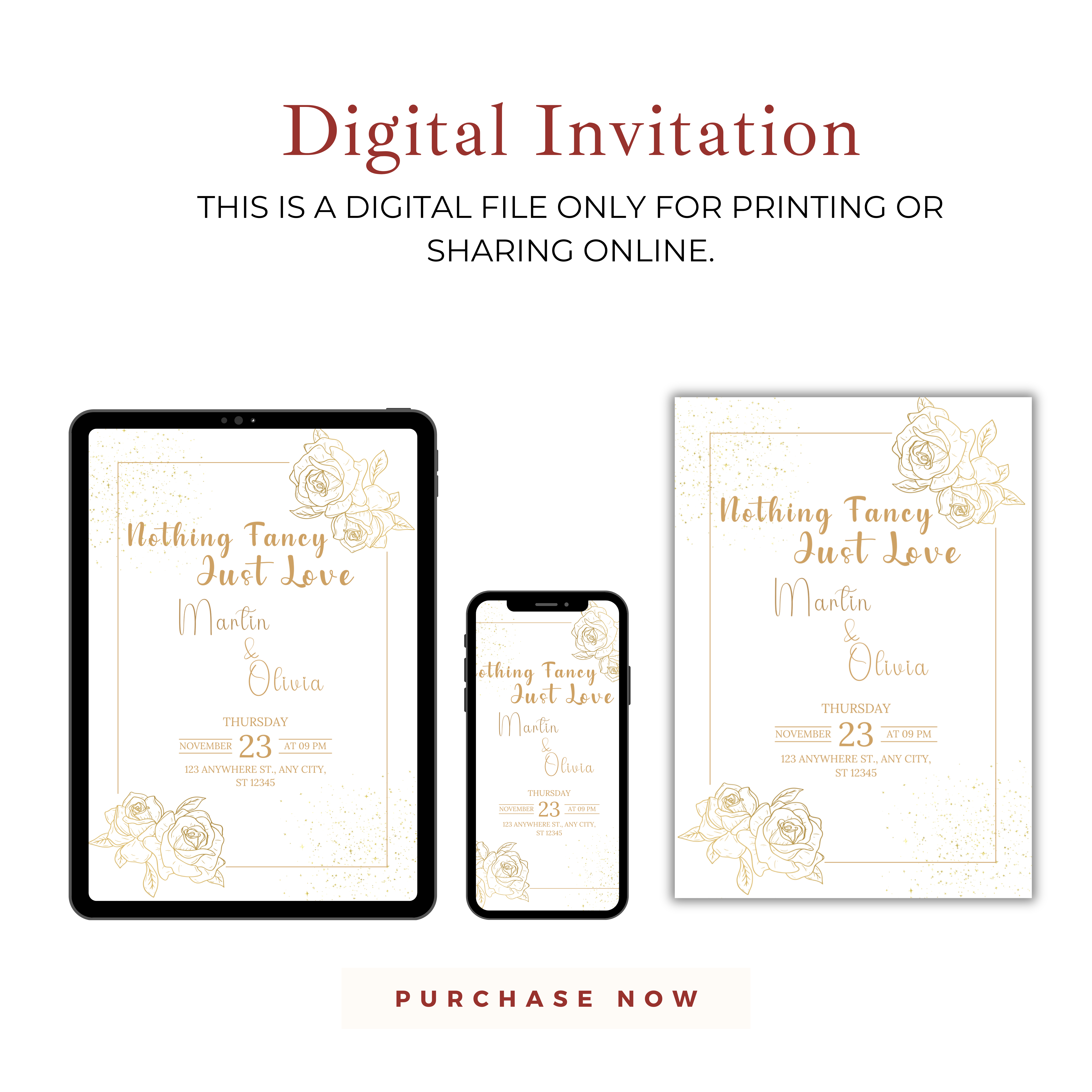 Minimalist courthouse wedding invitation template with the phrase “Nothing Fancy Just Love” in elegant script, editable via Canva with text customization on
