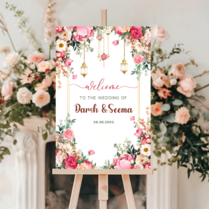 Indian wedding welcome sign template in royal pink floral design with editable text for names and date, 24x36 inches Canva digital download.