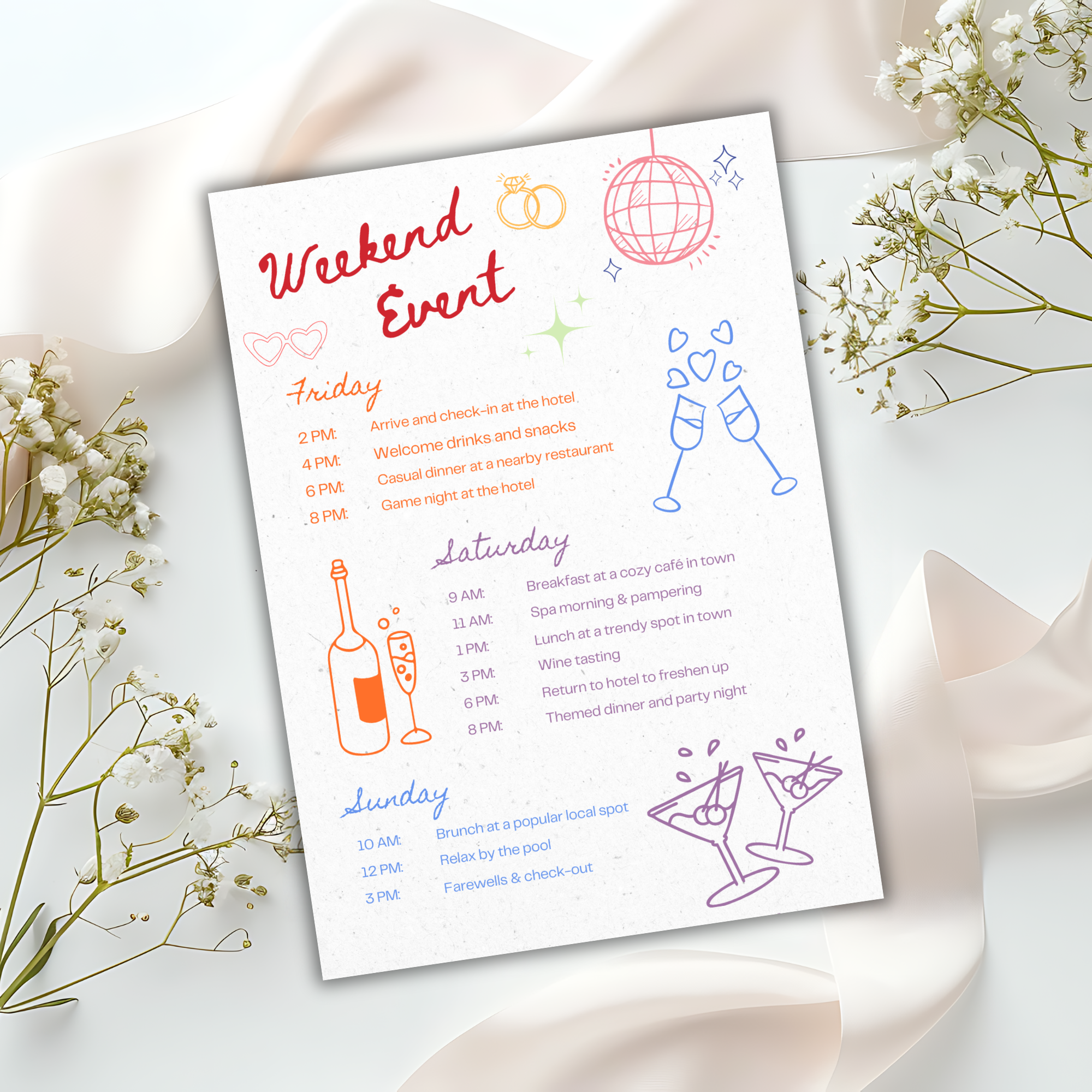 "Funky Scribble Bachelorette Itinerary Printable"