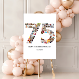 Gender-neutral 75th birthday welcome poster with photo layout