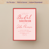 Elegant pink and red bridal shower invitation with snow-like dots, modern script and serif fonts, editable text in Canva for customizable celebration.