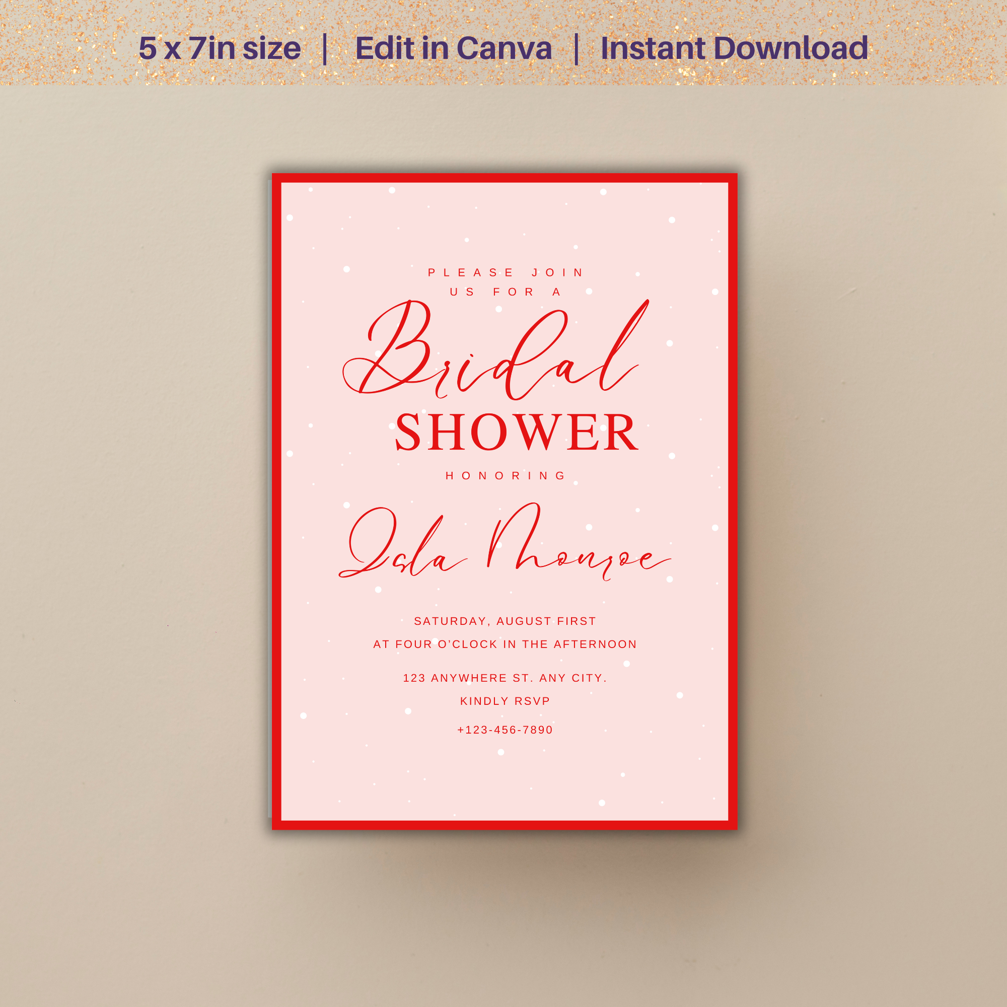 Elegant pink and red bridal shower invitation with snow-like dots, modern script and serif fonts, editable text in Canva for customizable celebration.