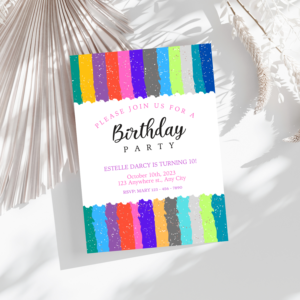 Editable colorful birthday invitation with bold rainbow tones and playful design.