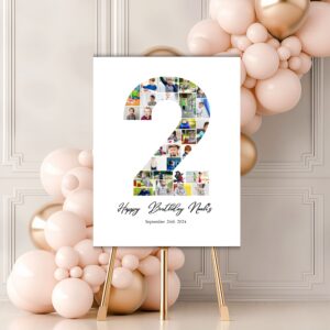 Printable 2nd birthday welcome sign with photo highlights and playful layout