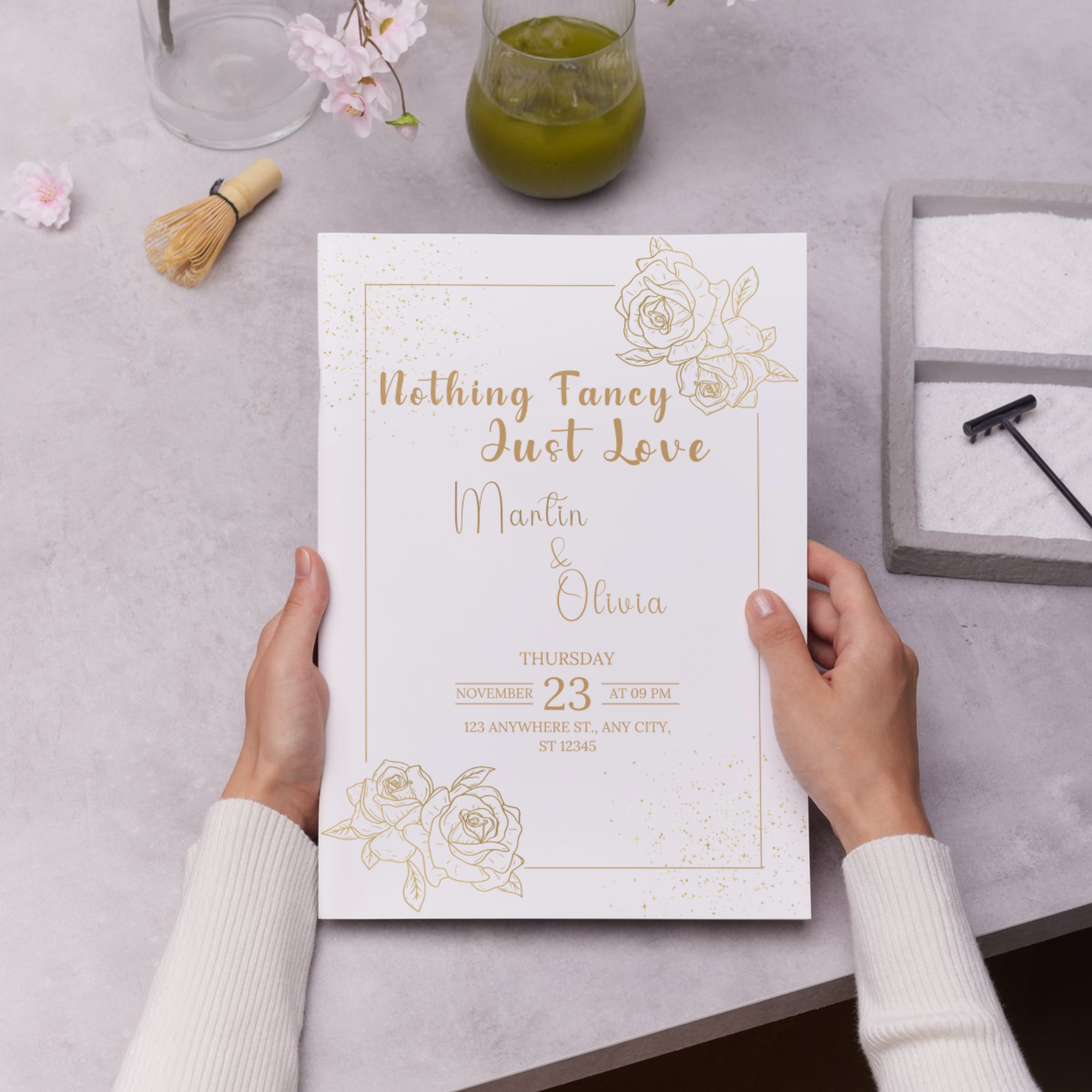 Minimalist courthouse wedding invitation template with the phrase “Nothing Fancy Just Love” in elegant script, editable via Canva with text customization on