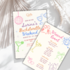 Colorful bachelorette weekend itinerary template with funky doodles and editable event schedule, designed in Canva for hens party planning.