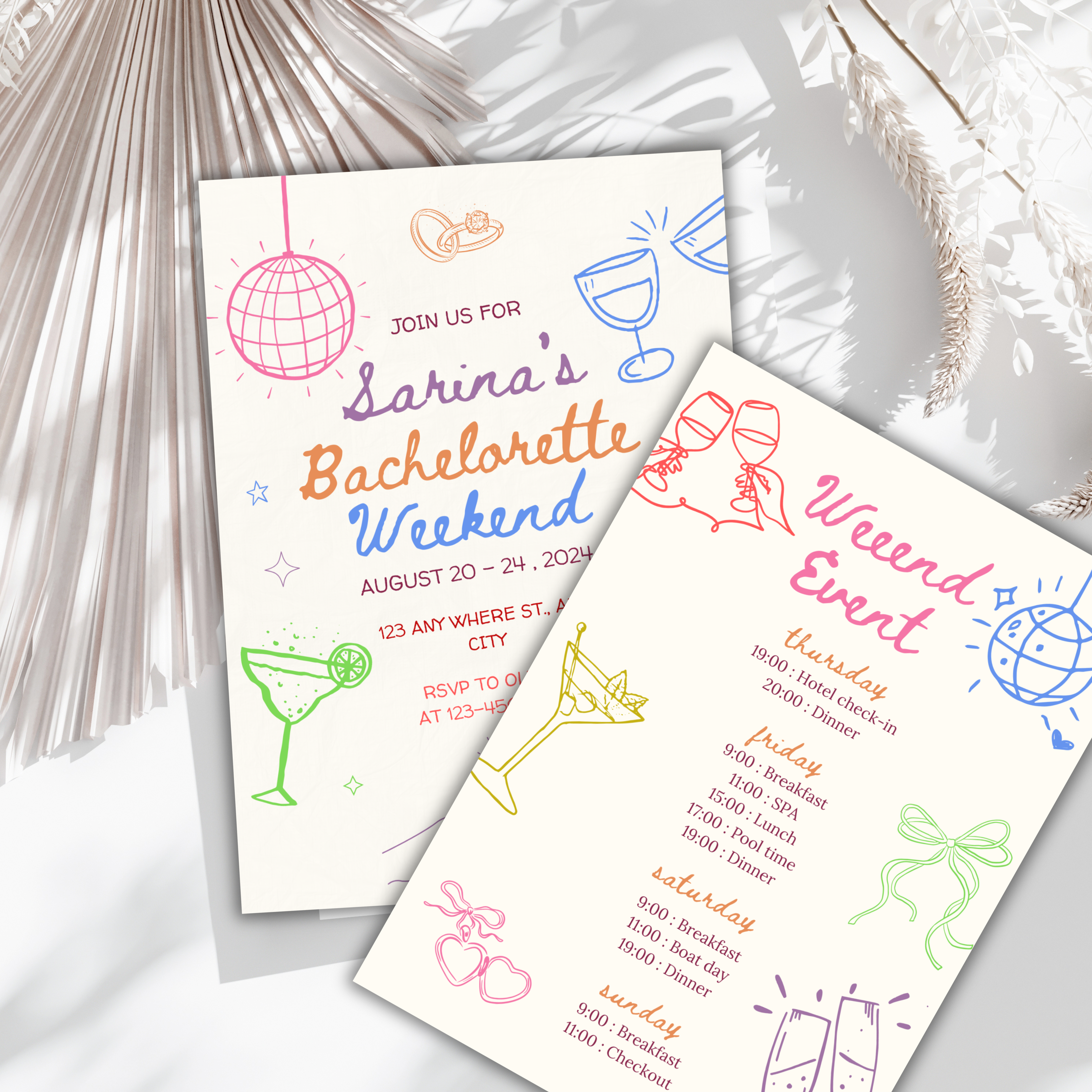Colorful bachelorette weekend itinerary template with funky doodles and editable event schedule, designed in Canva for hens party planning.