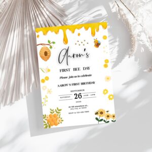 Printable bee day party template for baby’s first celebration