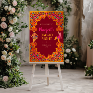 Jaggo Night welcome sign template with traditional Indian Punjabi design in red and gold, editable text in Canva, printable wedding decor for Sikh ceremony.