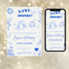 Hand-drawn engagement party invitation template with playful scribble illustrations and editable text in Canva, designed in black and white with modern layout.