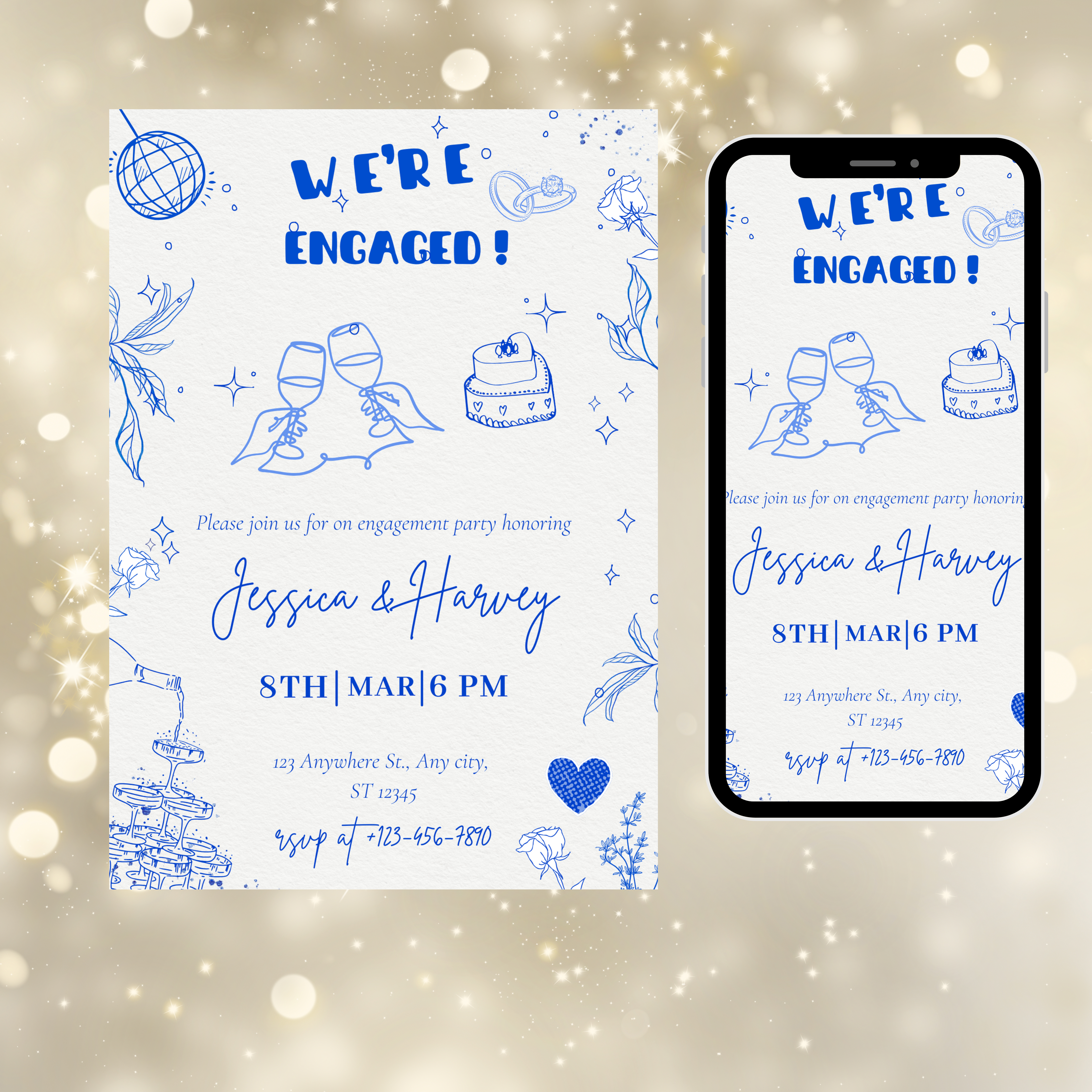 Hand-drawn engagement party invitation template with playful scribble illustrations and editable text in Canva, designed in black and white with modern layout.