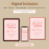 Elegant pink and red bridal shower invitation with snow-like dots, modern script and serif fonts, editable text in Canva for customizable celebration.