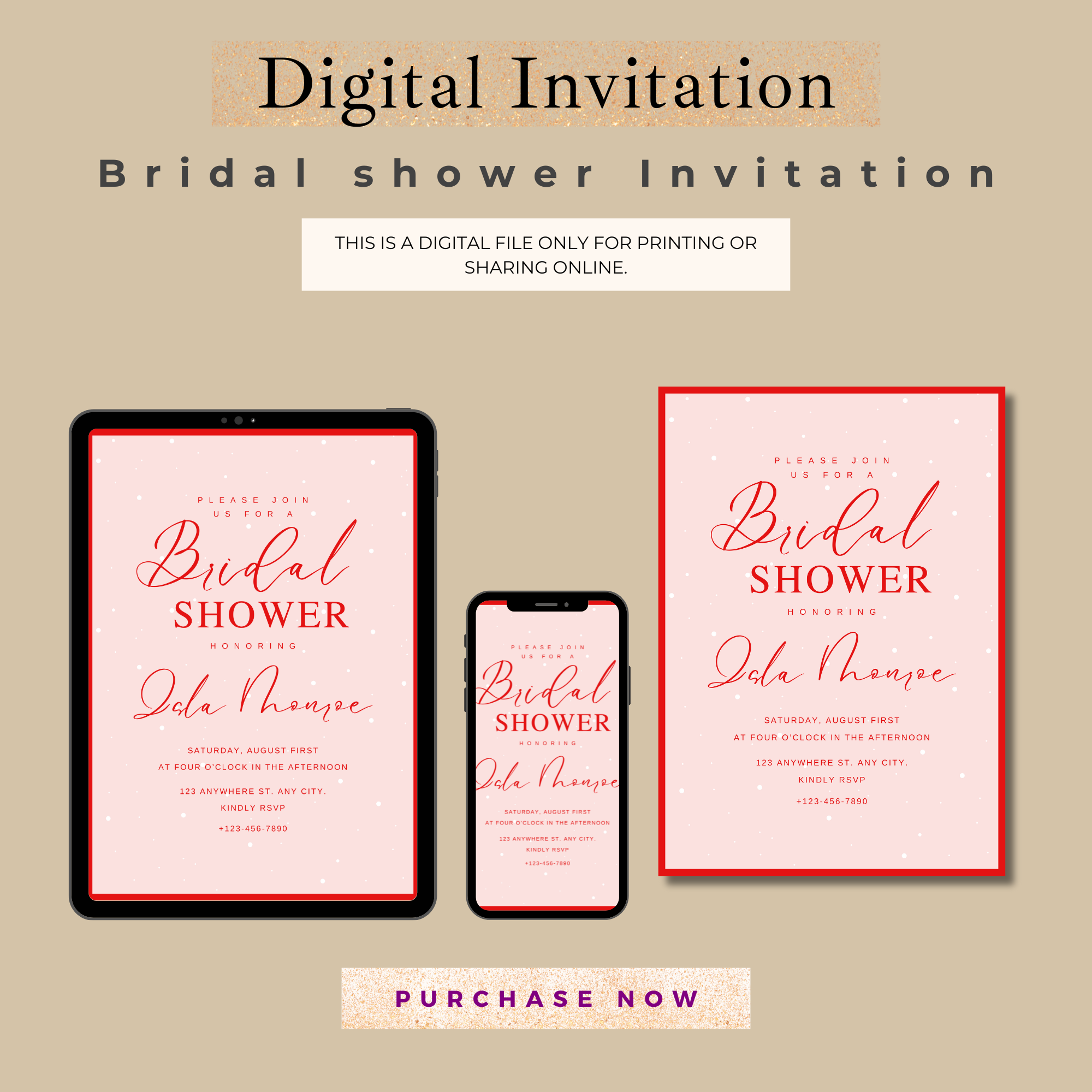 Elegant pink and red bridal shower invitation with snow-like dots, modern script and serif fonts, editable text in Canva for customizable celebration.