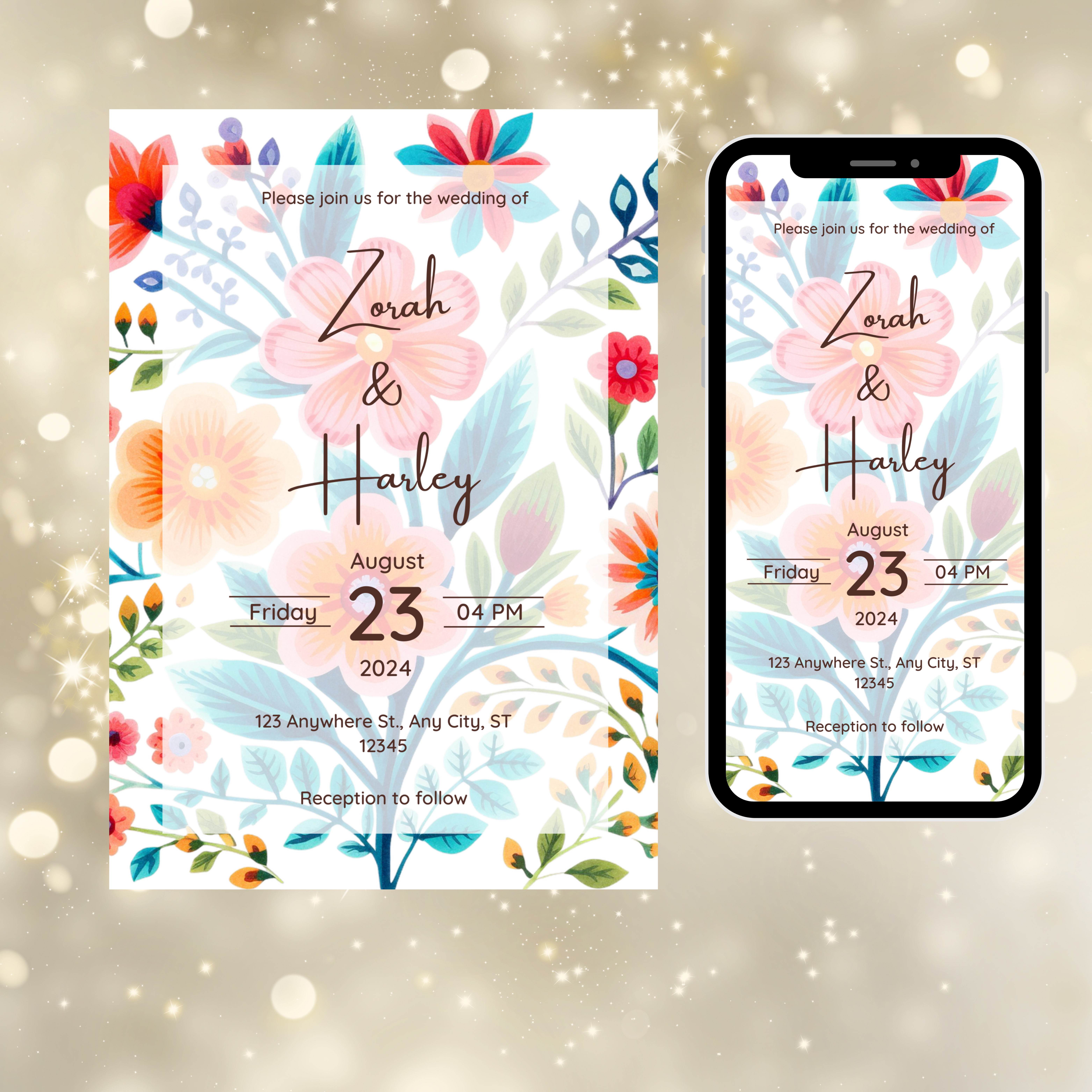 Colorful Mexican fiesta floral wedding invitation with wildflowers and bright spring-inspired design