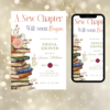 “Book-themed bridal shower invitation featuring elegant typography and storybook design elements, editable Canva template with vintage and literary touches.”