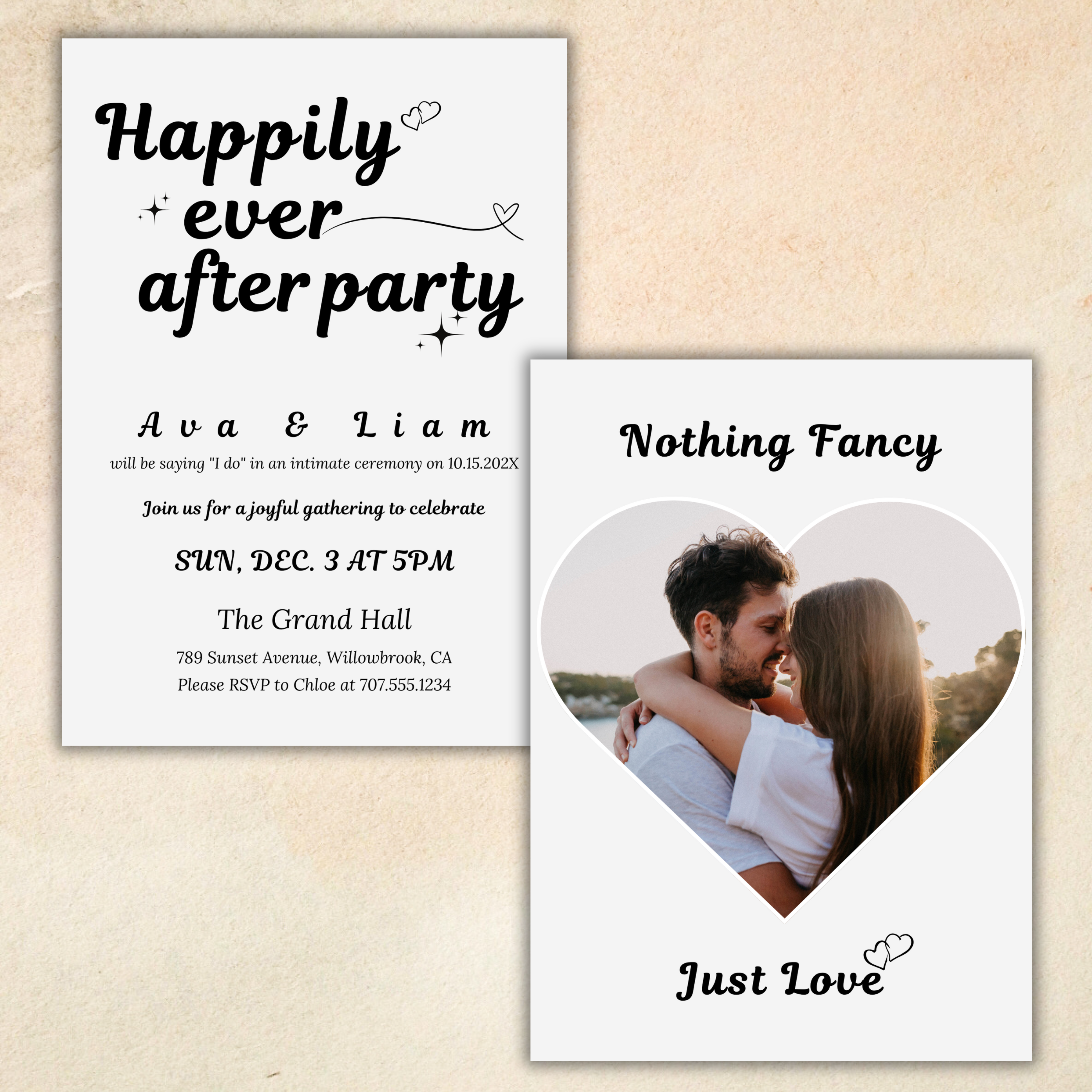Minimalist photo wedding invitation titled “Nothing Fancy Just Love,” ideal for elopements and intimate wedding announcements, editable in Canva with personalized text.