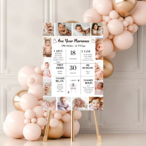 Editable photo collage template for baby’s first birthday board.