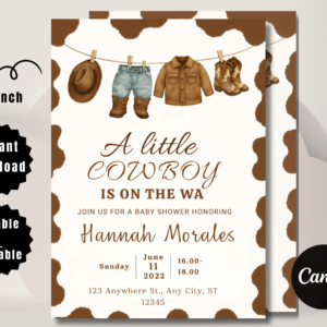 “Rustic cowboy baby shower invitation with rope border and brown western design”